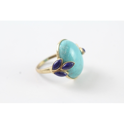 13 - 9ct gold turquoise and lapis lazuli cocktail ring (4.5g) Size L 1/2