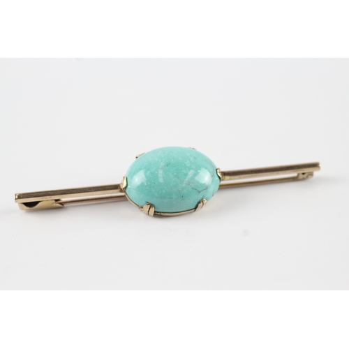 19 - 9ct gold antique cabochon cut turquoise bar brooch (7.8g) Size