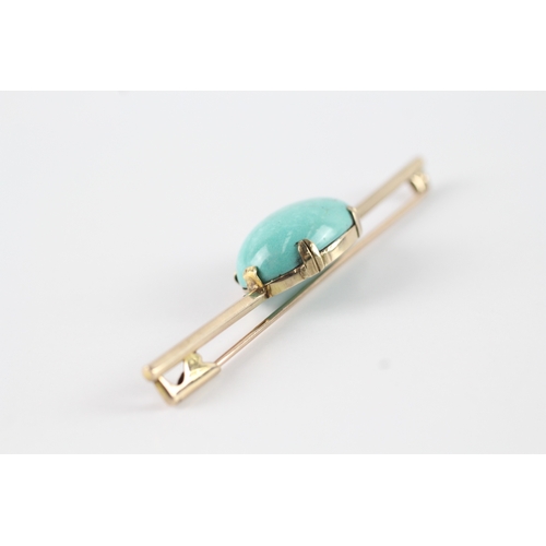 19 - 9ct gold antique cabochon cut turquoise bar brooch (7.8g) Size