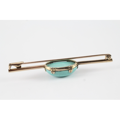 19 - 9ct gold antique cabochon cut turquoise bar brooch (7.8g) Size