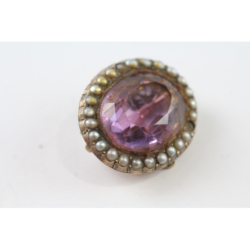 20 - 9ct gold antique amethyst and seed pearl halo brooch *as seen* (7.1g) Size