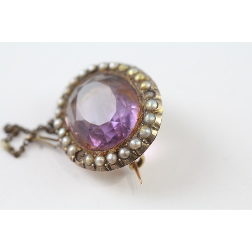 20 - 9ct gold antique amethyst and seed pearl halo brooch *as seen* (7.1g) Size