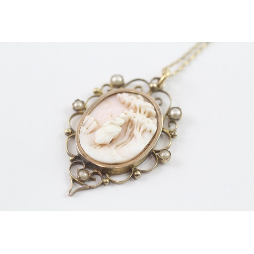 4 - 15ct gold split pearl and shell cameo pendant on chain (4.6g) Size