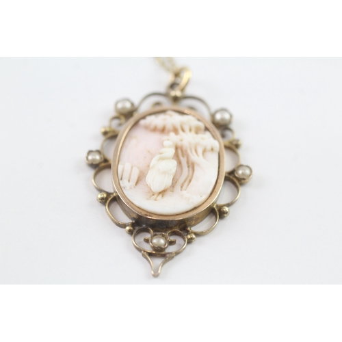 4 - 15ct gold split pearl and shell cameo pendant on chain (4.6g) Size