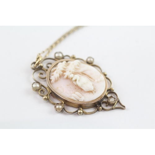 4 - 15ct gold split pearl and shell cameo pendant on chain (4.6g) Size