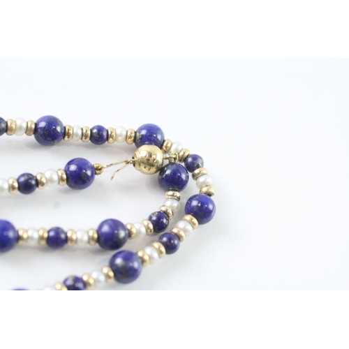 46 - 9ct gold lapis lazuli & cultured pearl necklace (11.9g) Size