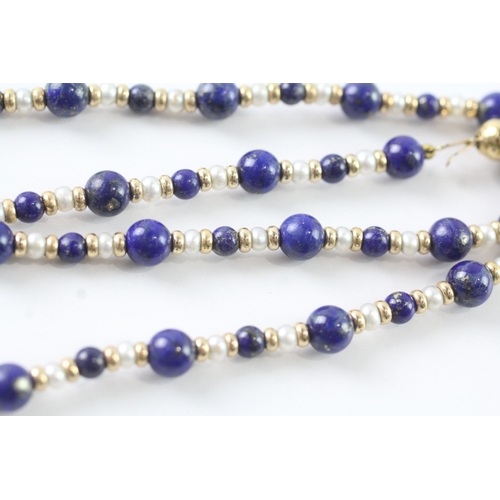 46 - 9ct gold lapis lazuli & cultured pearl necklace (11.9g) Size