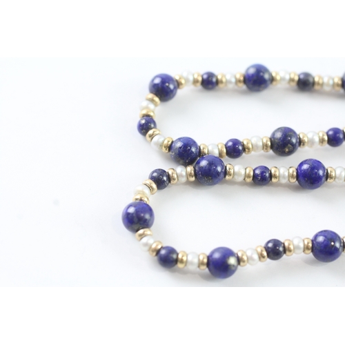 46 - 9ct gold lapis lazuli & cultured pearl necklace (11.9g) Size