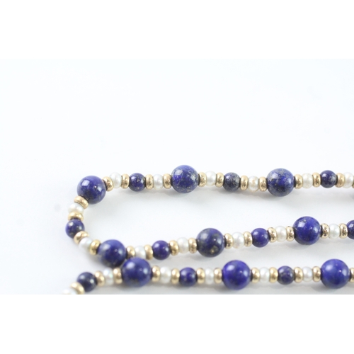 46 - 9ct gold lapis lazuli & cultured pearl necklace (11.9g) Size