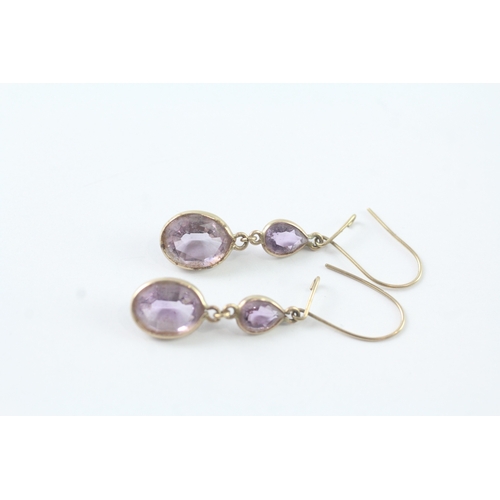 52 - 9ct gold and amethyst drop hook earrings (1.9g) Size