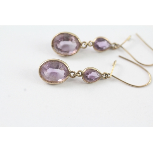 52 - 9ct gold and amethyst drop hook earrings (1.9g) Size