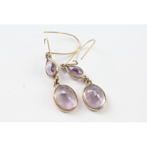 52 - 9ct gold and amethyst drop hook earrings (1.9g) Size