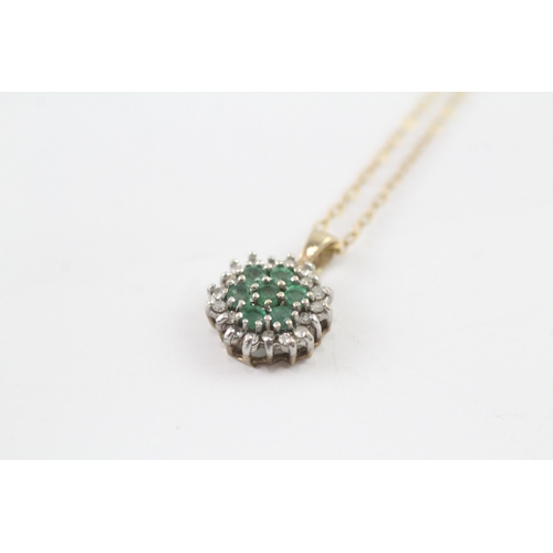 547 - 9ct gold emerald and diamond pendant on chain (1.9g) Size