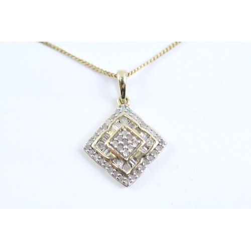 65 - 9ct gold and diamond square pendant on chain (3.2g) Size