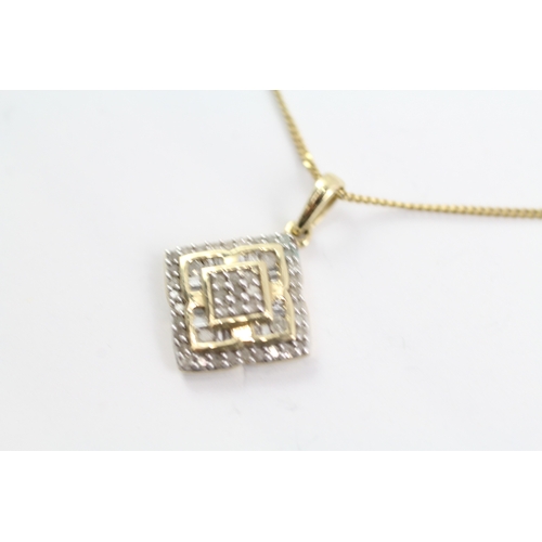 65 - 9ct gold and diamond square pendant on chain (3.2g) Size