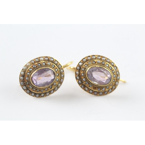 70 - 9ct gold amethyst and split pearl hook drop earrings (3g) Size