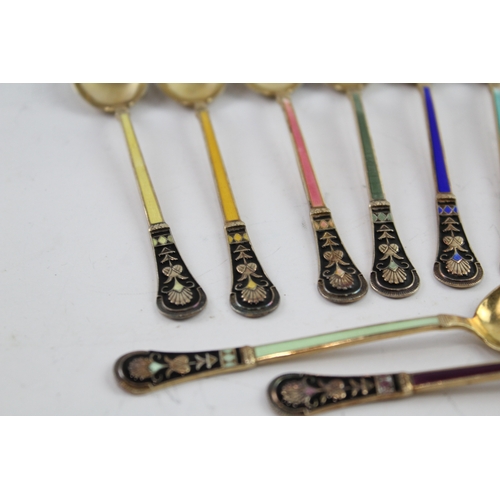 339 - 12 x Vintage .925 Norwegian Sterling Silver Gilt Guilloche Enamel Teaspoons 83g