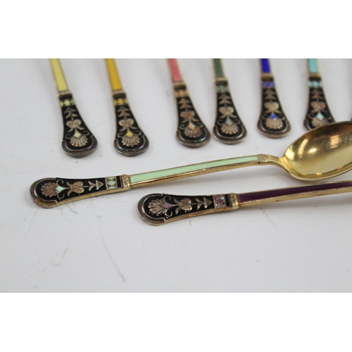 339 - 12 x Vintage .925 Norwegian Sterling Silver Gilt Guilloche Enamel Teaspoons 83g