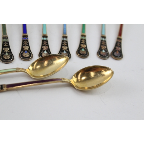 339 - 12 x Vintage .925 Norwegian Sterling Silver Gilt Guilloche Enamel Teaspoons 83g