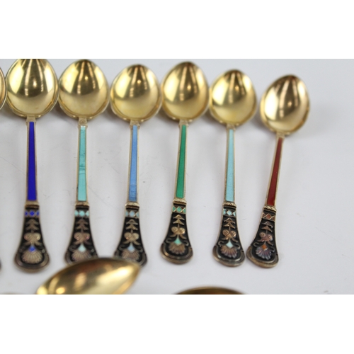 339 - 12 x Vintage .925 Norwegian Sterling Silver Gilt Guilloche Enamel Teaspoons 83g