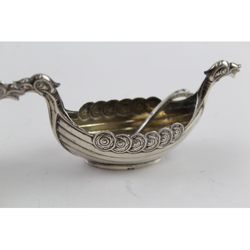 344 - 2 x Vintage Stamped .830 Silver Novelty Viking Long Boat Condiment Dishes (33g)