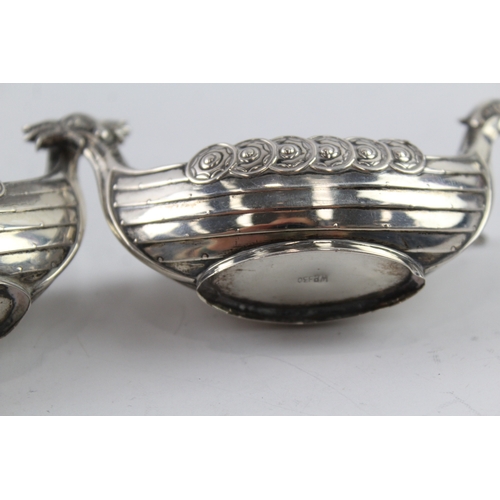 344 - 2 x Vintage Stamped .830 Silver Novelty Viking Long Boat Condiment Dishes (33g)