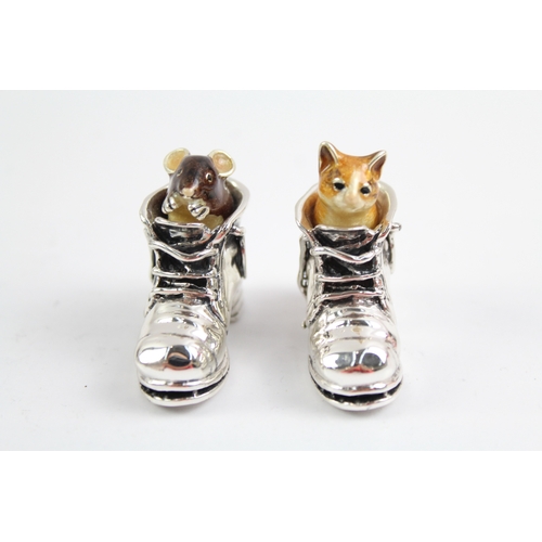 357 - 2 x Stamped .925 Sterling Silver & Enamel Novelty Animal Ornaments In Boots 54g