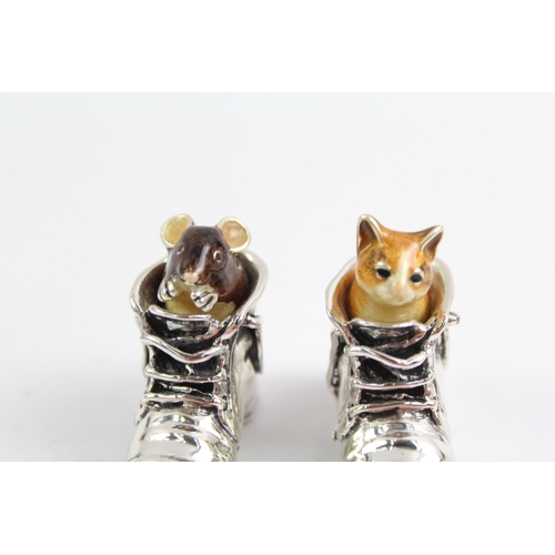 357 - 2 x Stamped .925 Sterling Silver & Enamel Novelty Animal Ornaments In Boots 54g