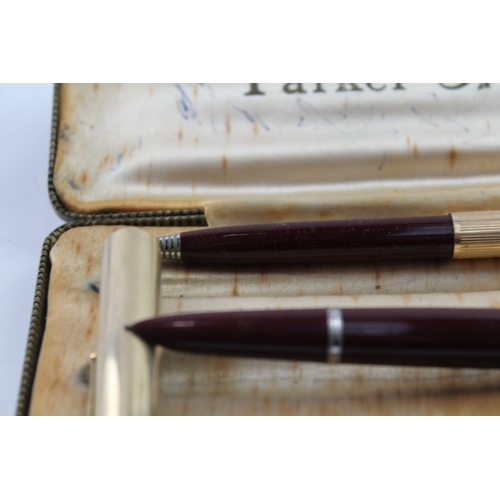 470 - Vintage Parker 51 Burgundy Fountain Pen w/ 14ct Gold Nib WRITING Boxed