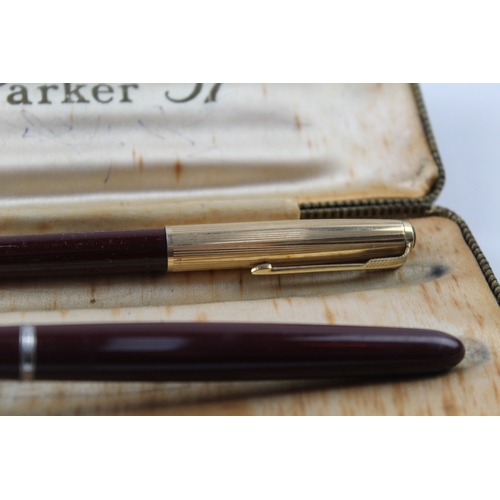 470 - Vintage Parker 51 Burgundy Fountain Pen w/ 14ct Gold Nib WRITING Boxed