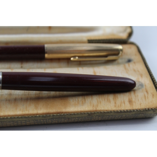 470 - Vintage Parker 51 Burgundy Fountain Pen w/ 14ct Gold Nib WRITING Boxed