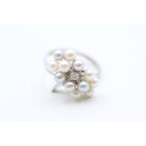 118 - 14ct gold diamond & cultured pearl dress ring (4.8g) Size P 1/2