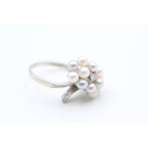 118 - 14ct gold diamond & cultured pearl dress ring (4.8g) Size P 1/2