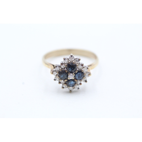 128 - 9ct gold cluster set diamond and blue gemstone ring (3.7g) Size S