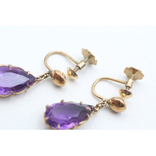 14 - 18ct gold amethyst pear drop screw back earrings (6.2g)