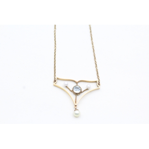 143 - 15ct gold aquamarine and pearl lavalliere drop necklace (3.3g)