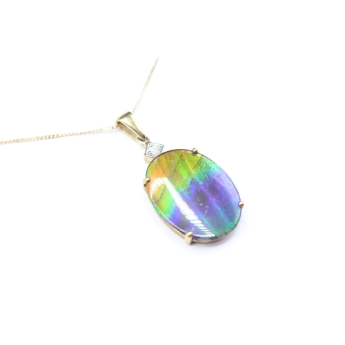 158 - 9ct gold diamond and ammolite triplet pendant on chain (3.8g)