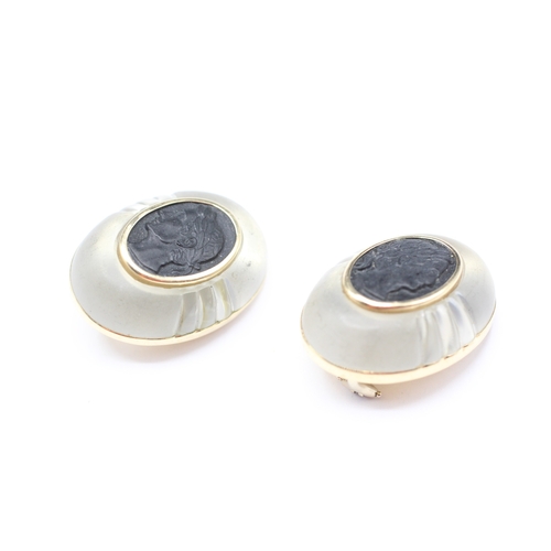 16 - 14ct gold rock crystal, black gemstone clip on earrings, signed trianon (27.8g)