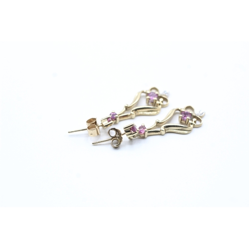 180 - 9ct gold and pink gemstone drop stud earrings (3g)