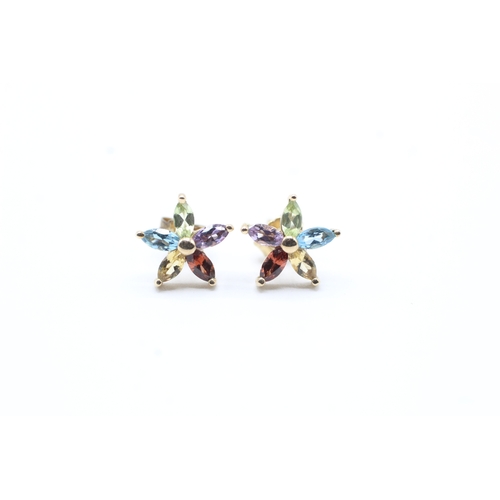 208 - 9ct gold multicolour gemstone flower stud earrings (1g)