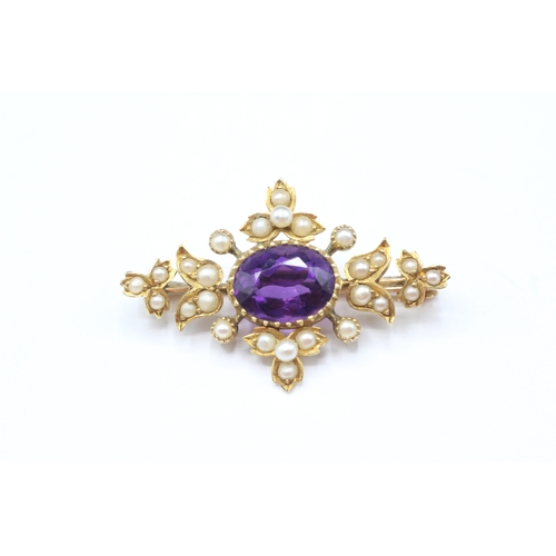 213 - 18ct gold antique amethyst & seed pearl brooch (4.7g)