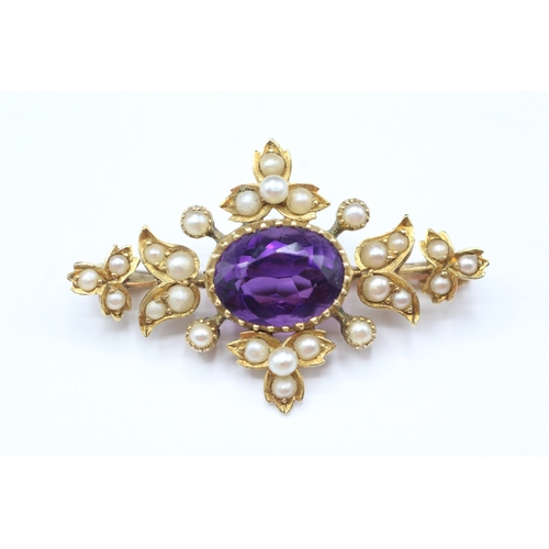 213 - 18ct gold antique amethyst & seed pearl brooch (4.7g)