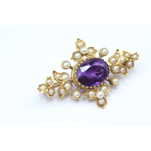 213 - 18ct gold antique amethyst & seed pearl brooch (4.7g)