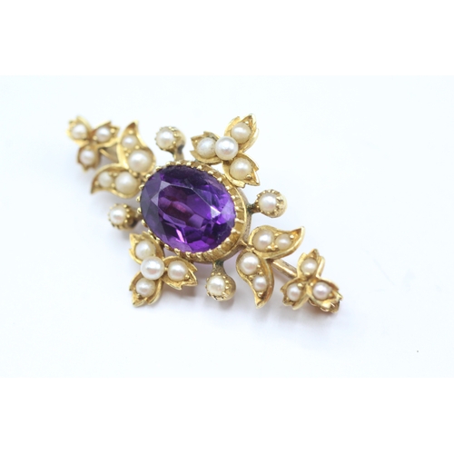 213 - 18ct gold antique amethyst & seed pearl brooch (4.7g)