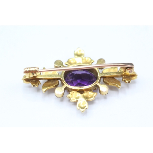 213 - 18ct gold antique amethyst & seed pearl brooch (4.7g)