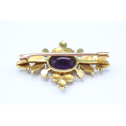 213 - 18ct gold antique amethyst & seed pearl brooch (4.7g)