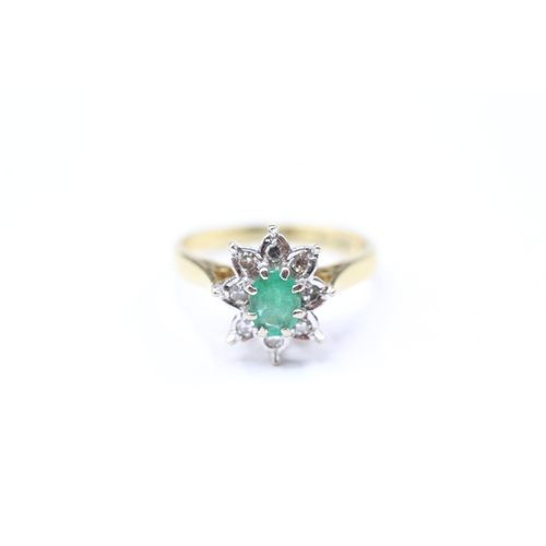 214 - 18ct gold emerald & diamond cluster ring (3.6g) Size M