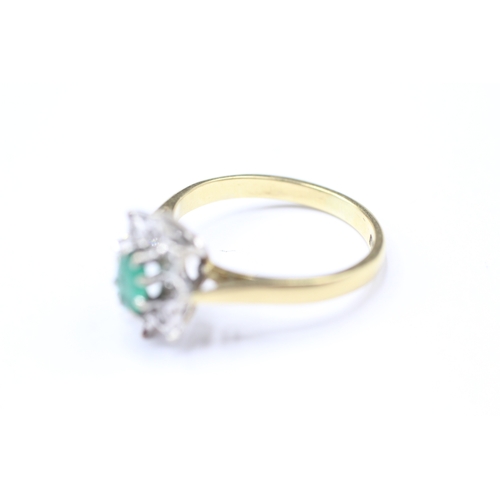 214 - 18ct gold emerald & diamond cluster ring (3.6g) Size M