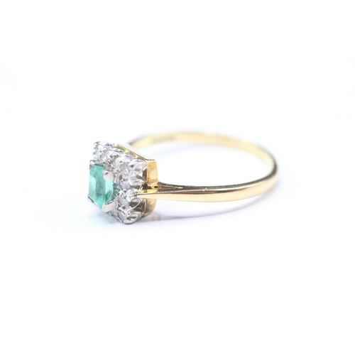 215 - 18ct gold diamond and emerald square halo ring (4g) Size R