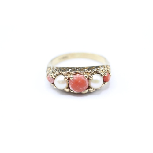 226 - 9ct gold coral and cultured pearl ring (3.2g) Size M